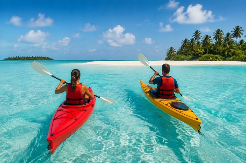 Two travellers kayaking safely across a turquoise lagoon toward a white sandbank